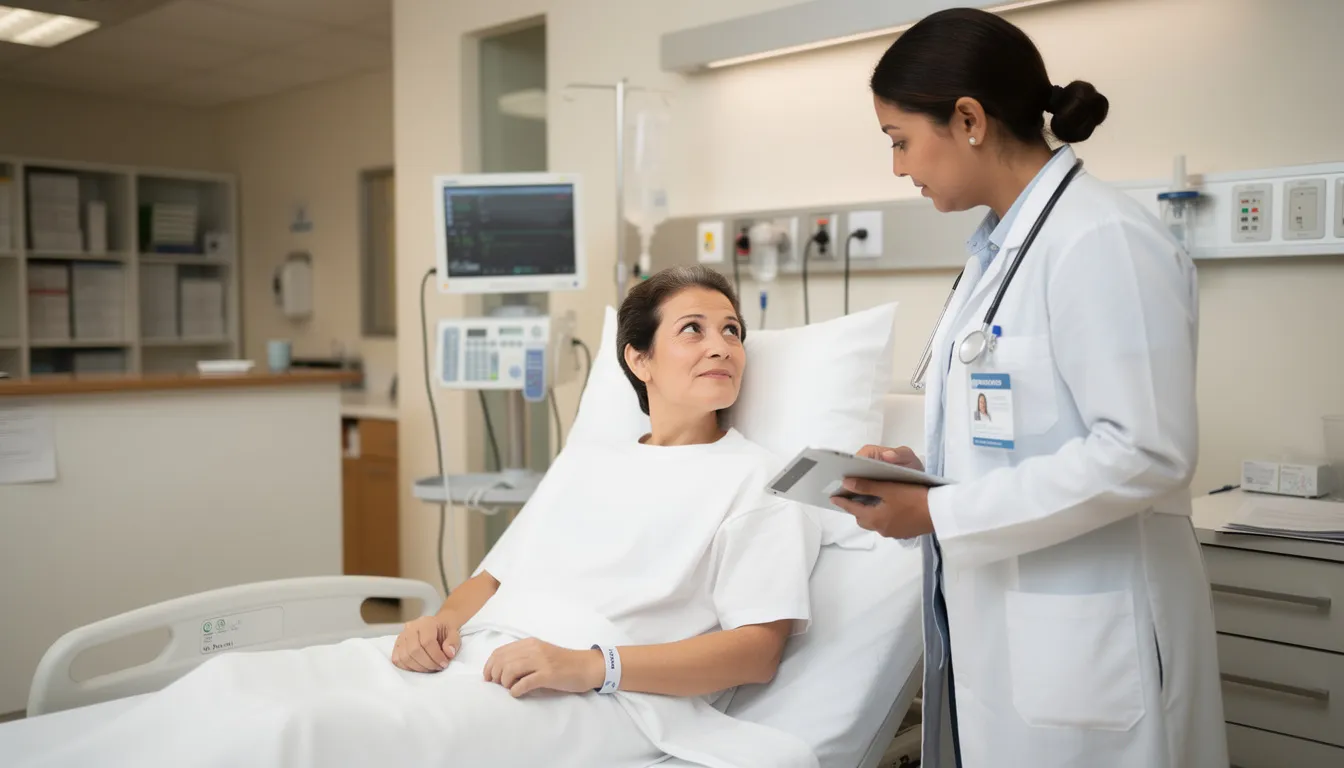 A medical professional is attending to a patient in a hospital setting, providing care and support. This scene could resonate with those affected by bus accidents in Houston, emphasizing the importance of medical attention for injuries sustained in such incidents.