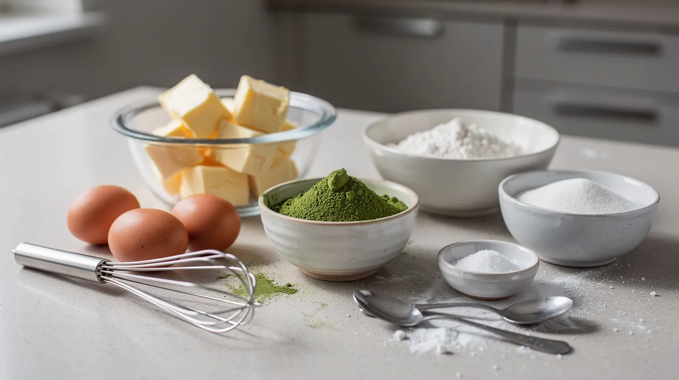 Auf einer hellen Küchenarbeitsplatte sind die Zutaten für ein Matcha Muffin Rezept liebevoll arrangiert. In der Mitte steht eine kleine Keramikschüssel mit leuchtend grünem Matcha Pulver, umgeben von zwei braunen Eiern, einer Schüssel mit Butterwürfeln, Mehl, Zucker und einer kleinen Schale mit Salz, während ein Rührbesen und einige Metalllöffel lässig platziert sind.