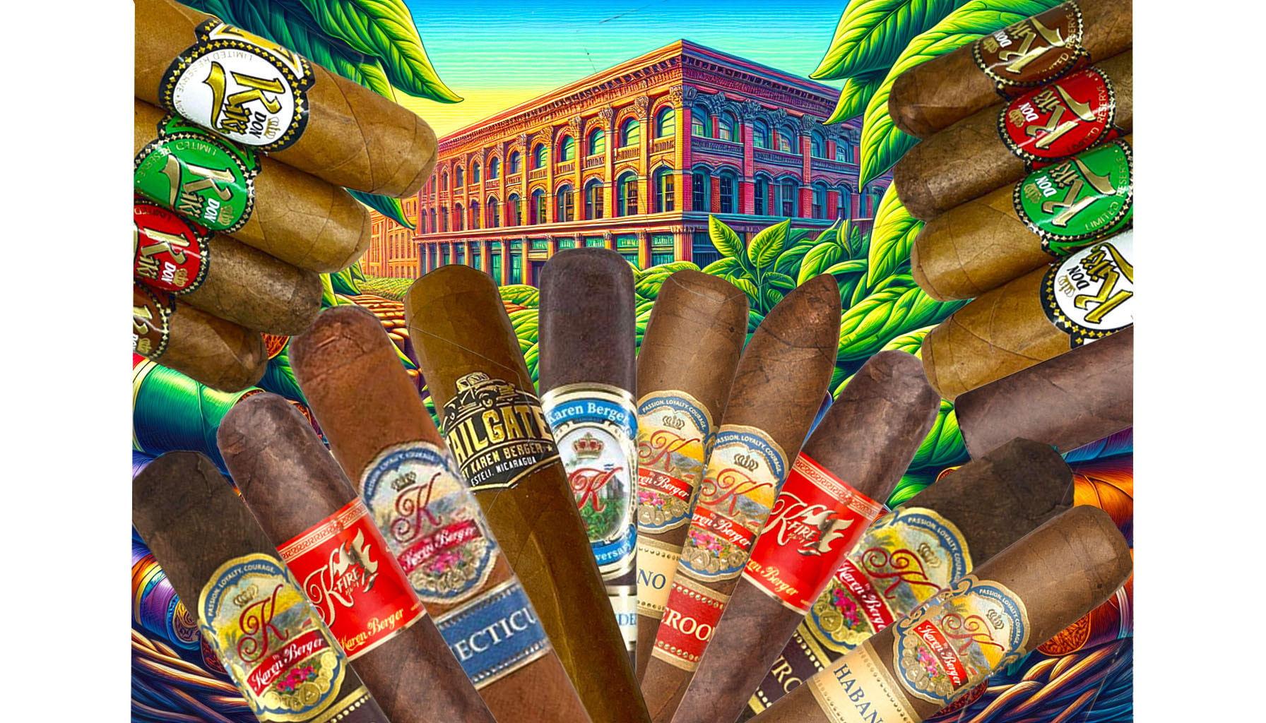 An illustration representing the heritage of Karen Berger Cigars, showcasing various types of cigars.