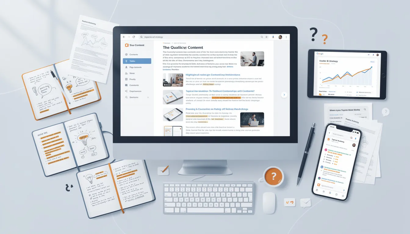 The image depicts a digital workspace showcasing a computer screen filled with various graphs and charts related to search engine optimization (SEO) metrics, such as organic search traffic and keyword rankings. This visual representation emphasizes the importance of creating high-quality content and utilizing effective SEO strategies to improve search engine rankings and enhance a website's authority.