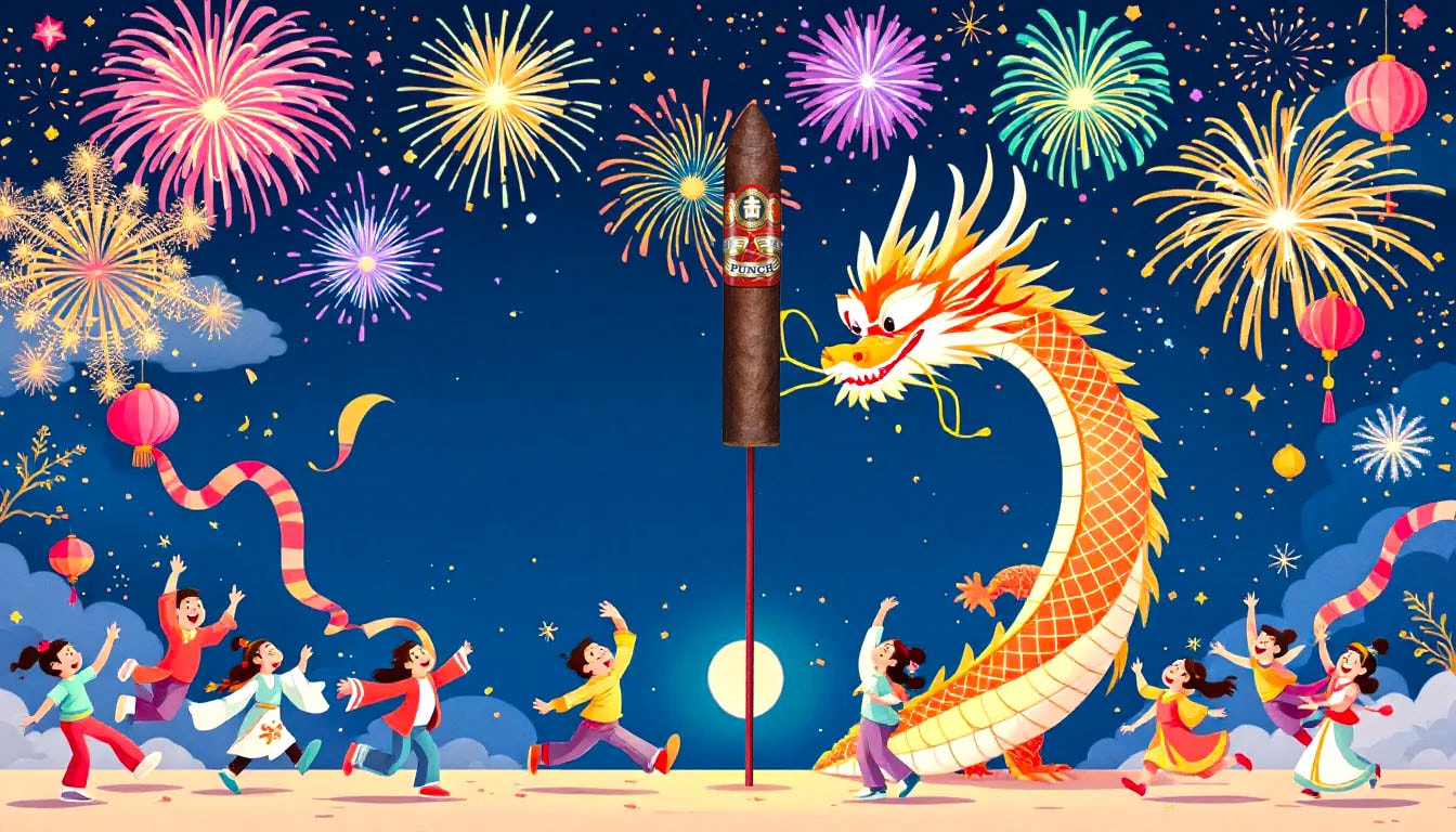 Celebration of Lunar New Year with fireworks lighting up the night sky.