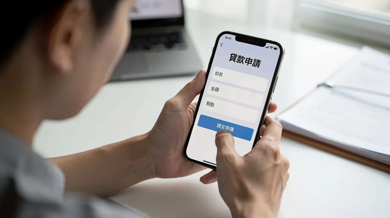 An individual is using their smartphone to navigate a loan application page, likely exploring options for debt restructuring or applying for a second-line loan. The screen displays various financial details, including interest rates and repayment plans, indicative of their financial situation and options for debt relief.