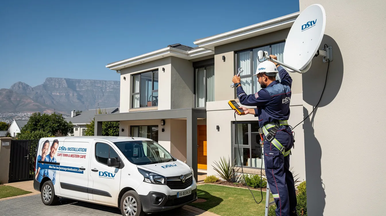 A professional DStv technician is seen aligning a satellite dish on the roof of a modern home in Cape Town, ensuring optimal service for streaming live TV and popular shows. This installation supports a family-friendly viewing environment, allowing access to their favourite DStv channels and entertainment options.