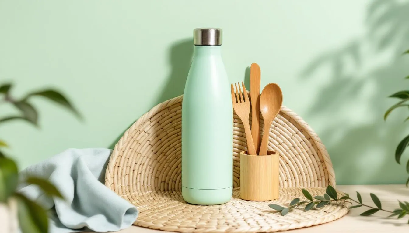 Practical reusable items like stainless steel water bottles and bamboo cutlery sets, showcasing eco-friendly options for everyday use.