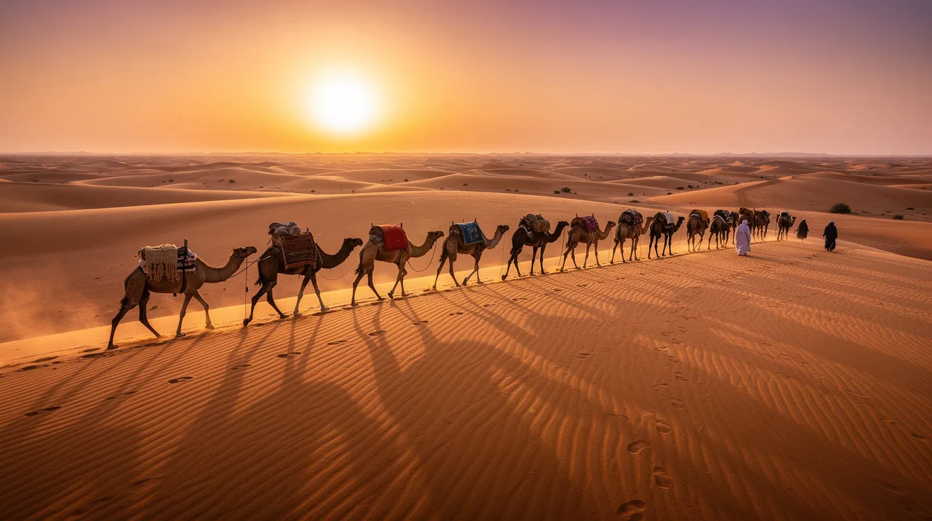 A caravan of camels traverses the golden sand dunes of the Sahara Desert at sunset, creating a picturesque scene that reflects the beauty of Moroccan life in this Muslim-majority country. The warm hues of the setting sun cast a serene glow over the landscape, symbolizing the rich cultural heritage and religious diversity found throughout Morocco.