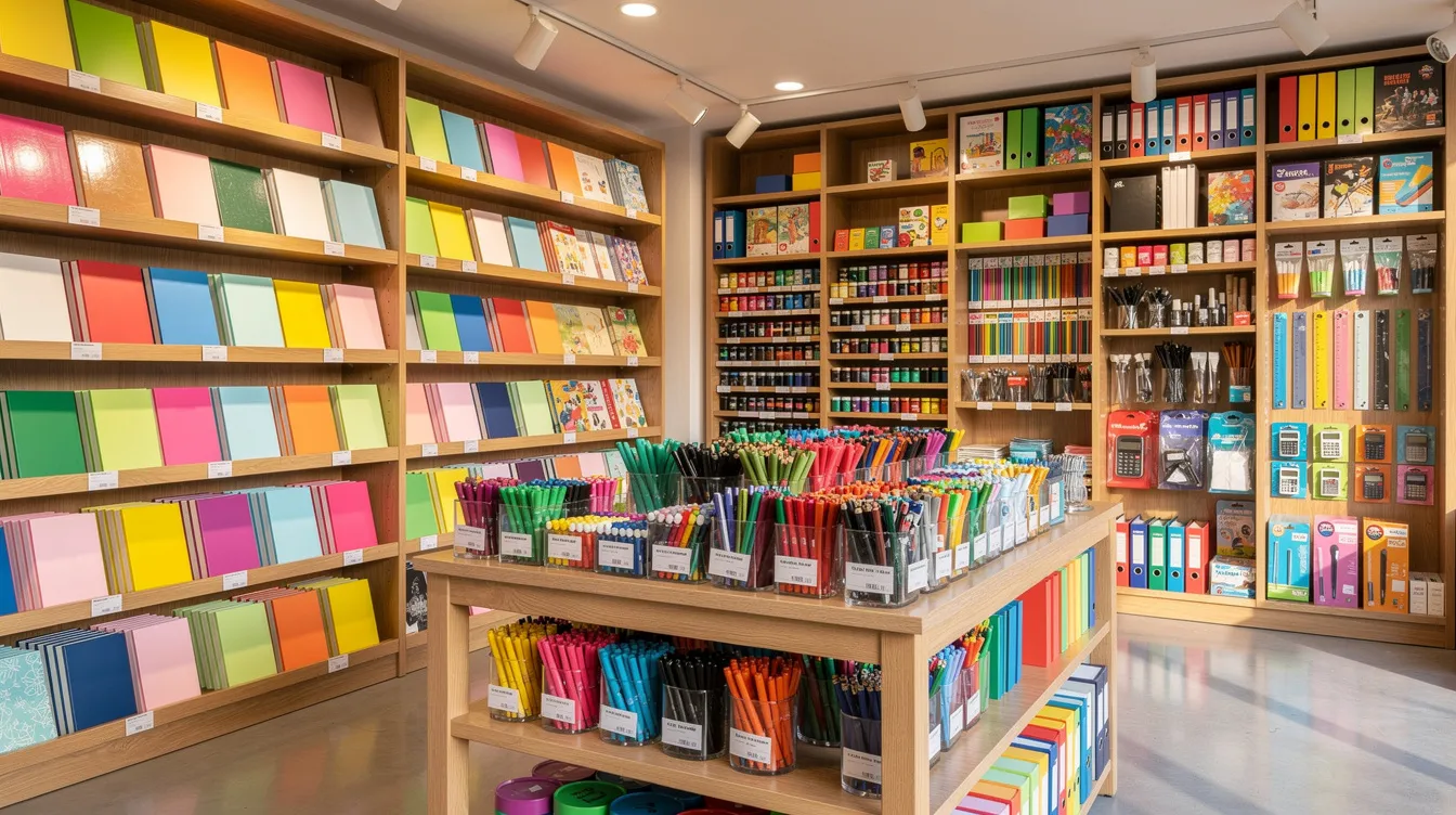 127ddc51 1472 478f 9a67 24559b81b1c6 The image depicts a vibrant stationery shop interior, showcasing neatly arranged shelves filled with colorful notebooks, various pens, art supplies, and an array of school materials, creating an inviting atmosphere for customers seeking stationery products. This small stationery shop highlights the diversity of items available for both educational and artistic needs.