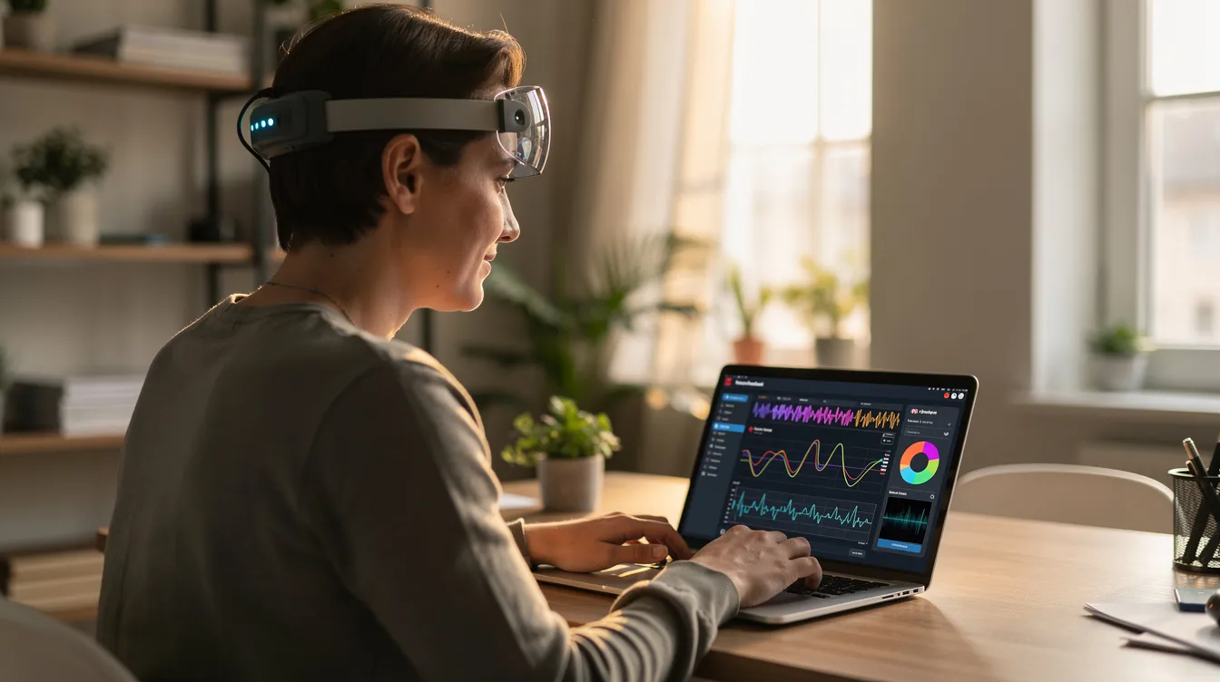 A person is sitting at a desk at home, wearing a portable EEG headband while focused on a laptop displaying a neurofeedback program. This setup highlights the innovative approach of neurofeedback therapy, which helps in self-regulating brain activity for improved mental health and cognitive performance.