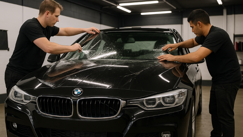 A car having its windshield being wrapped with windshield protection film
