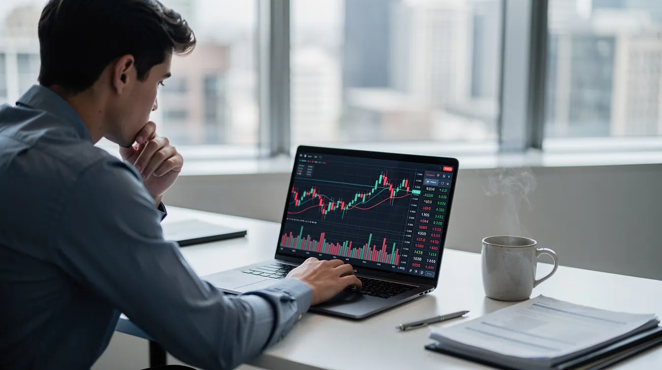 A young professional sits at a desk, focused on financial charts displayed on their laptop, with a coffee mug nearby. They appear to be considering their retirement savings options, such as Roth IRA contributions and the benefits of tax-free growth potential.