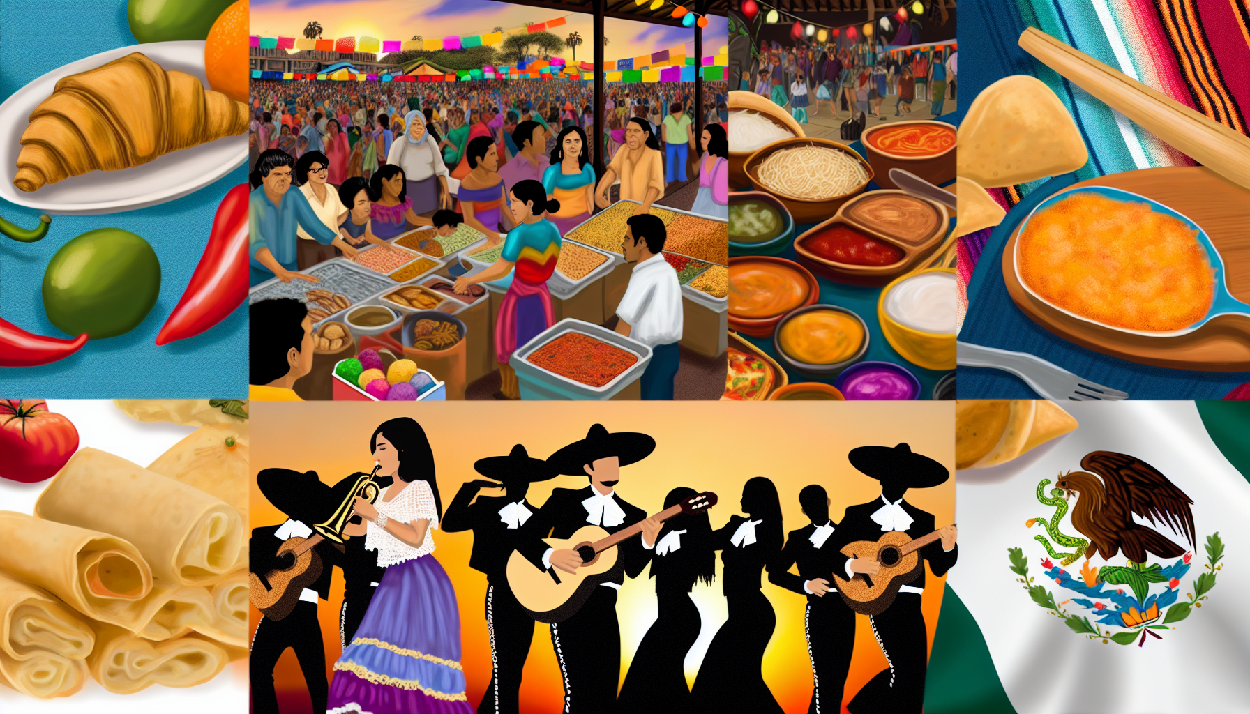 Exploring Hispanic culture through blogs, featuring vibrant images of traditional Hispanic food, music, and cultural celebrations.