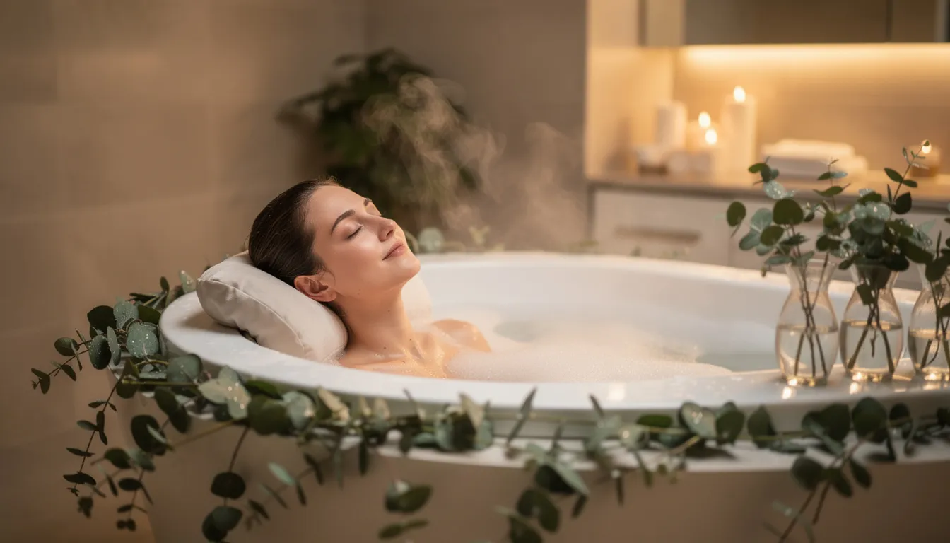 A person is relaxing in a steamy bath, surrounded by eucalyptus branches and soft lighting, creating a serene atmosphere perfect for unwinding and enjoying the health benefits of heat therapy. The warm steam envelops the body, promoting relaxation and detoxification while enhancing the sauna bathing experience at home.