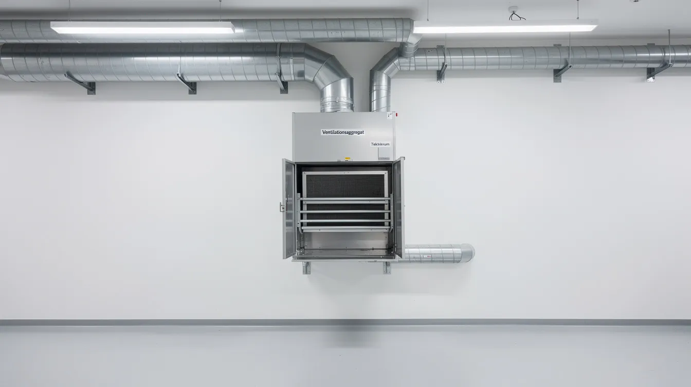 Billedet viser et ventilationsaggregat monteret i et lyst teknikrum, hvor man kan se synlige kanaler og filtre. Anlægget sikrer et sundt indeklima ved effektiv ventilation og varmegenvinding, hvilket bidrager til et godt indeklima i både moderne og eksisterende boliger.