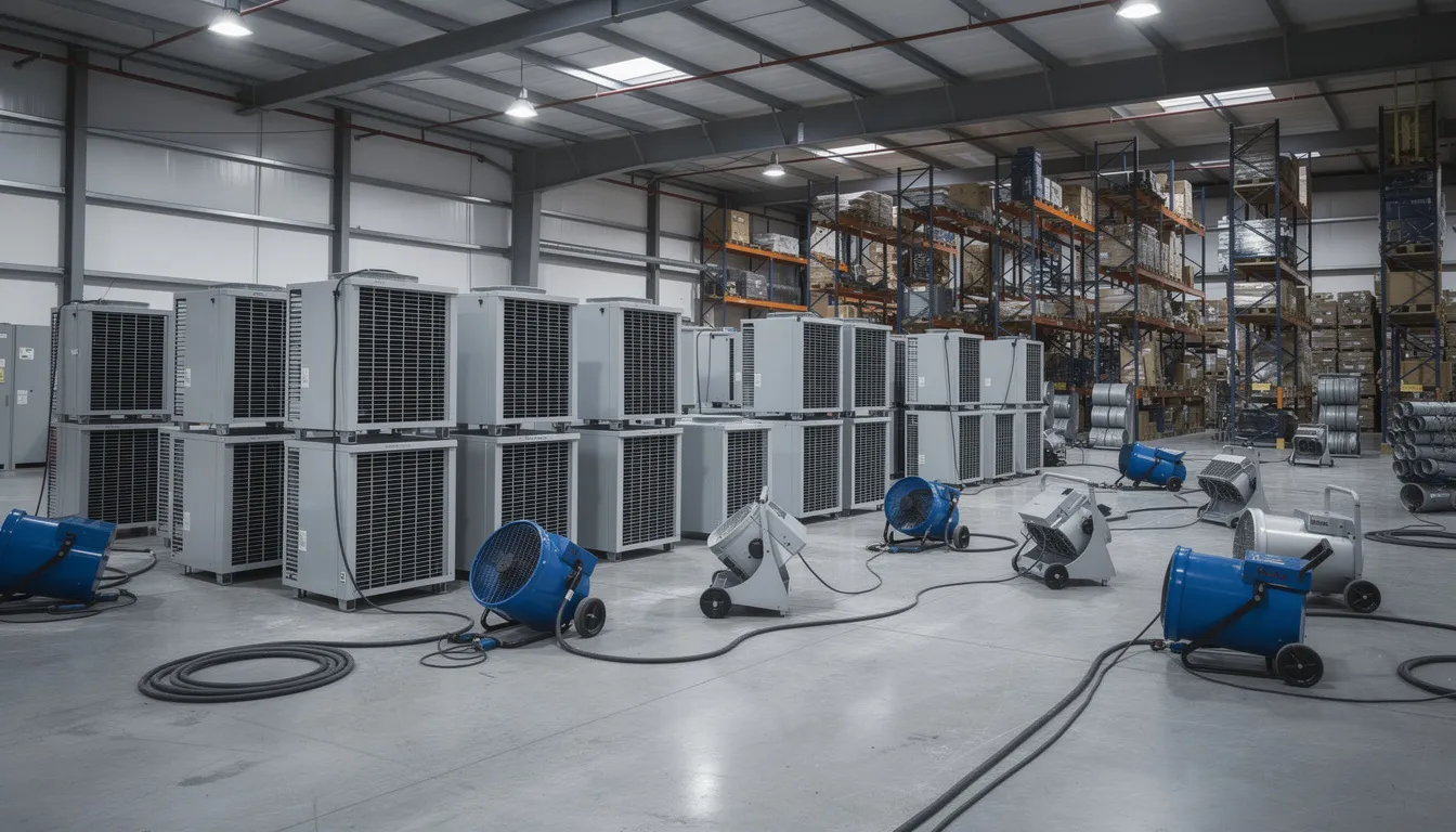 The image depicts industrial restoration equipment, including large dehumidifiers and air movers, set up inside a spacious warehouse, ready to assist with water damage restoration services for both residential and commercial properties in Houston, TX. This equipment is essential for addressing extensive damage and ensuring effective cleanup and restoration after disasters such as flooding or fire.