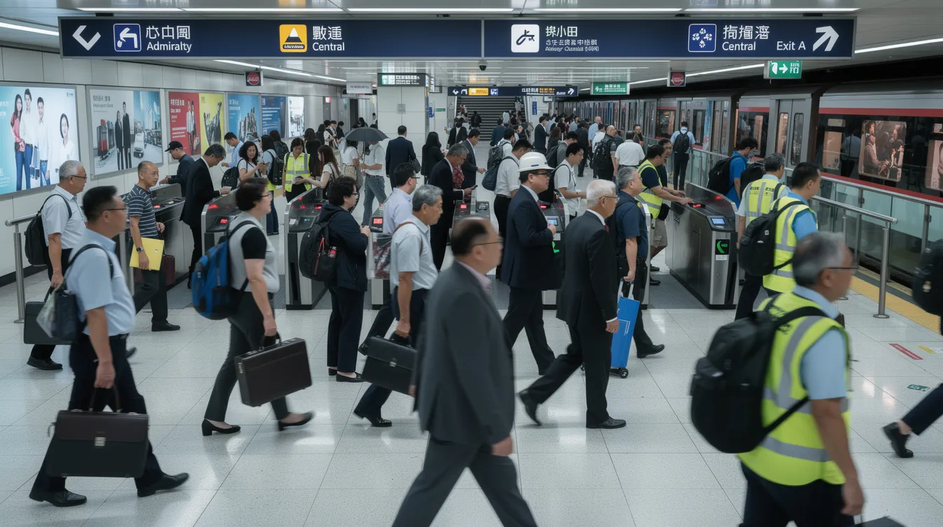 The image depicts a bustling MTR station in Hong Kong during the morning rush hour, filled with a diverse group of workers navigating through the crowd. People of various ethnicities and backgrounds are seen hurrying to their destinations, showcasing the vibrant and dynamic atmosphere of the city.