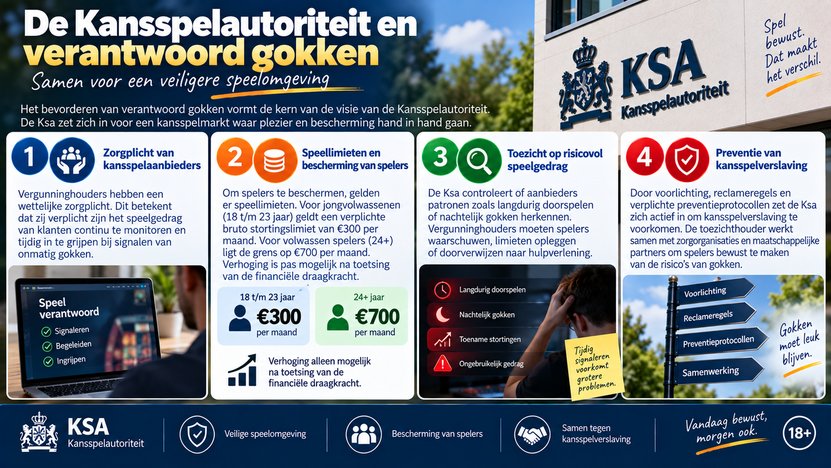 Kansspelautoriteit en verantwoord gokken met zorgplicht, speellimieten, toezicht op risicovol speelgedrag en preventie.