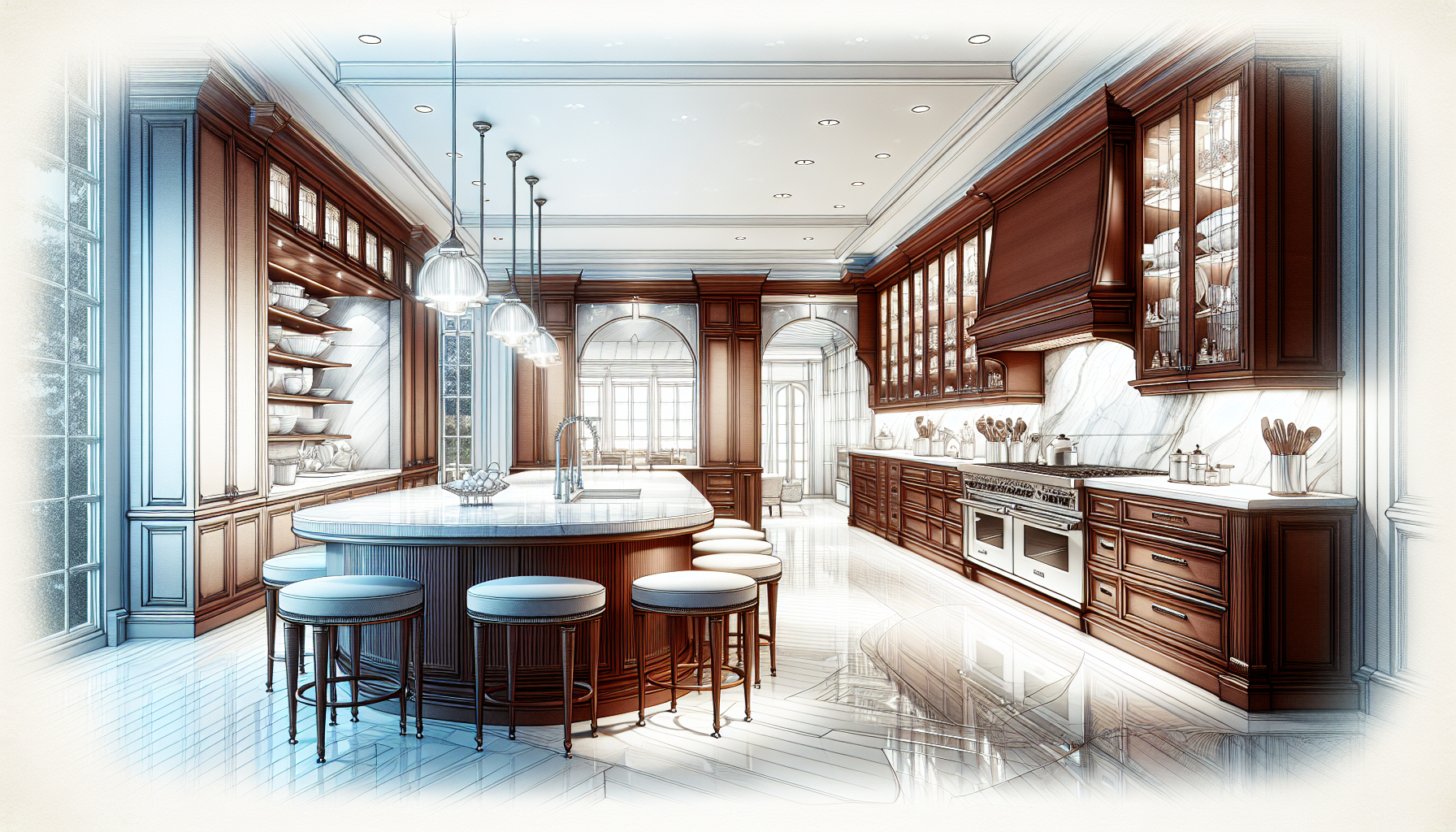 Illustration of a gourmet kitchen with custom cabinets