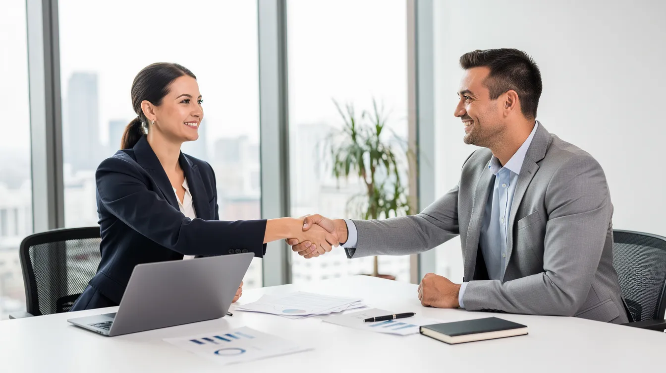 The image depicts two professionals shaking hands across a desk in an office setting, symbolizing a successful partnership in wealth management and financial advisory services. This moment reflects the importance of collaboration in guiding clients through their financial journey and investment strategies.