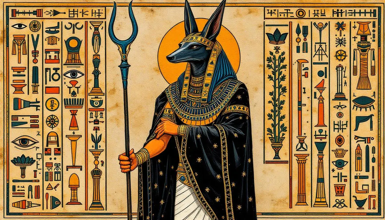 The image features an ancient Egyptian artwork portraying Anubis, the god associated with the afterlife, surrounded by various spiritual symbols. This depiction evokes the idea of how dogs, with their keen senses, may perceive the spirit world and exhibit behaviors that suggest they sense ghosts or other supernatural beings.