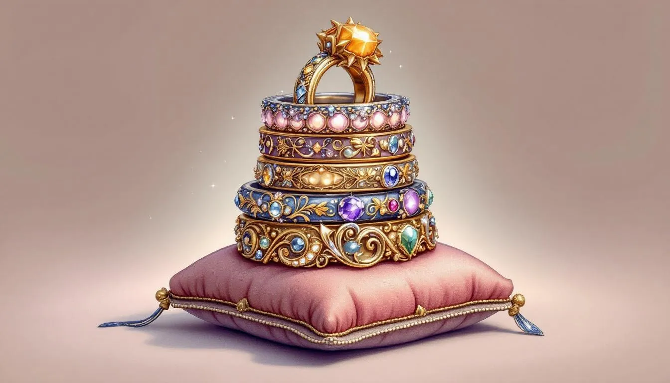 A creative display of stacking rings, showcasing a unique ring stack.