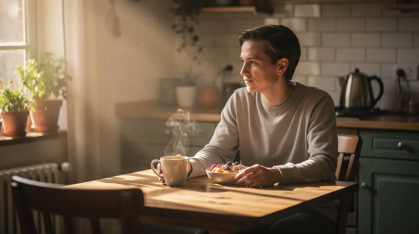 A person sits at a kitchen table bathed in morning light, enjoying a cup of coffee alongside a small bowl of breakfast. The serene atmosphere suggests a peaceful morning routine, ideal for integrating lion's mane mushroom supplementation to support cognitive function and overall brain health.