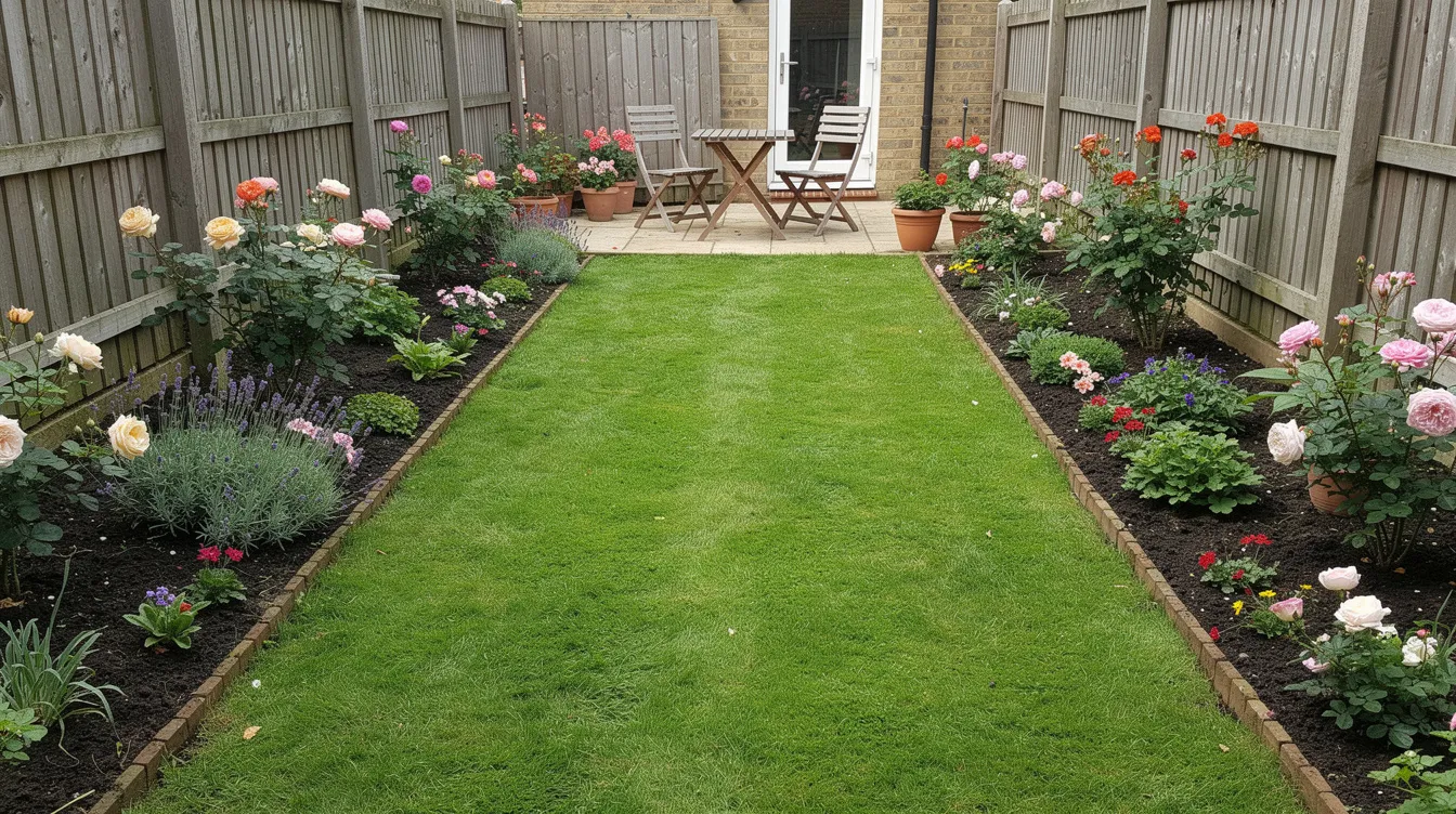 The image depicts a well-maintained lush green lawn in a typical British back garden, surrounded by colorful flower borders and featuring a cozy patio area. This vibrant lawn, likely established with a high-quality grass seed mix, showcases healthy grass that thrives in the cool season, perfect for enjoying outdoor activities.