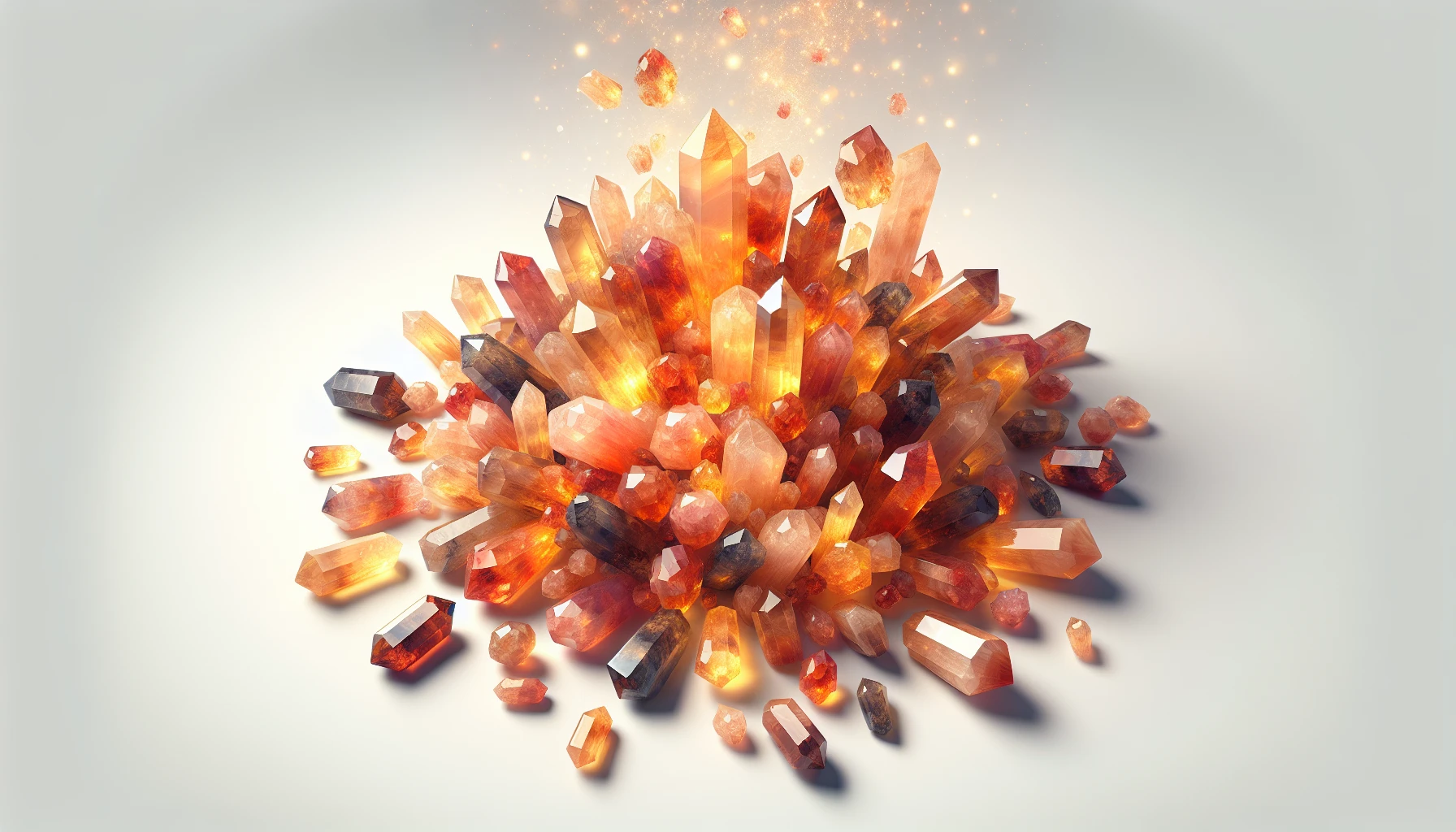 Various shades of gold, red, orange, and brown sunstone crystals