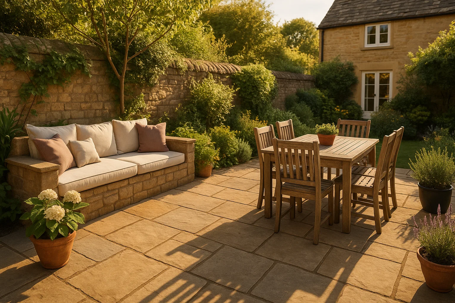Stylish UK garden patio with stone paving and built-in seating for outdoor dining.