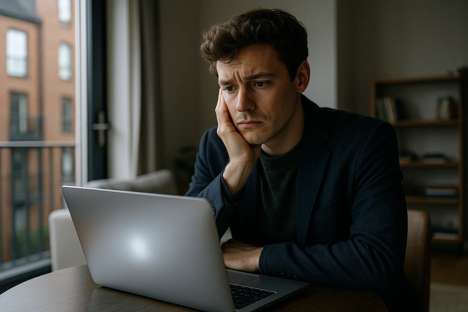 A thoughtful professional looking at a laptop screen with an anxious expression in a modern UK apartment.