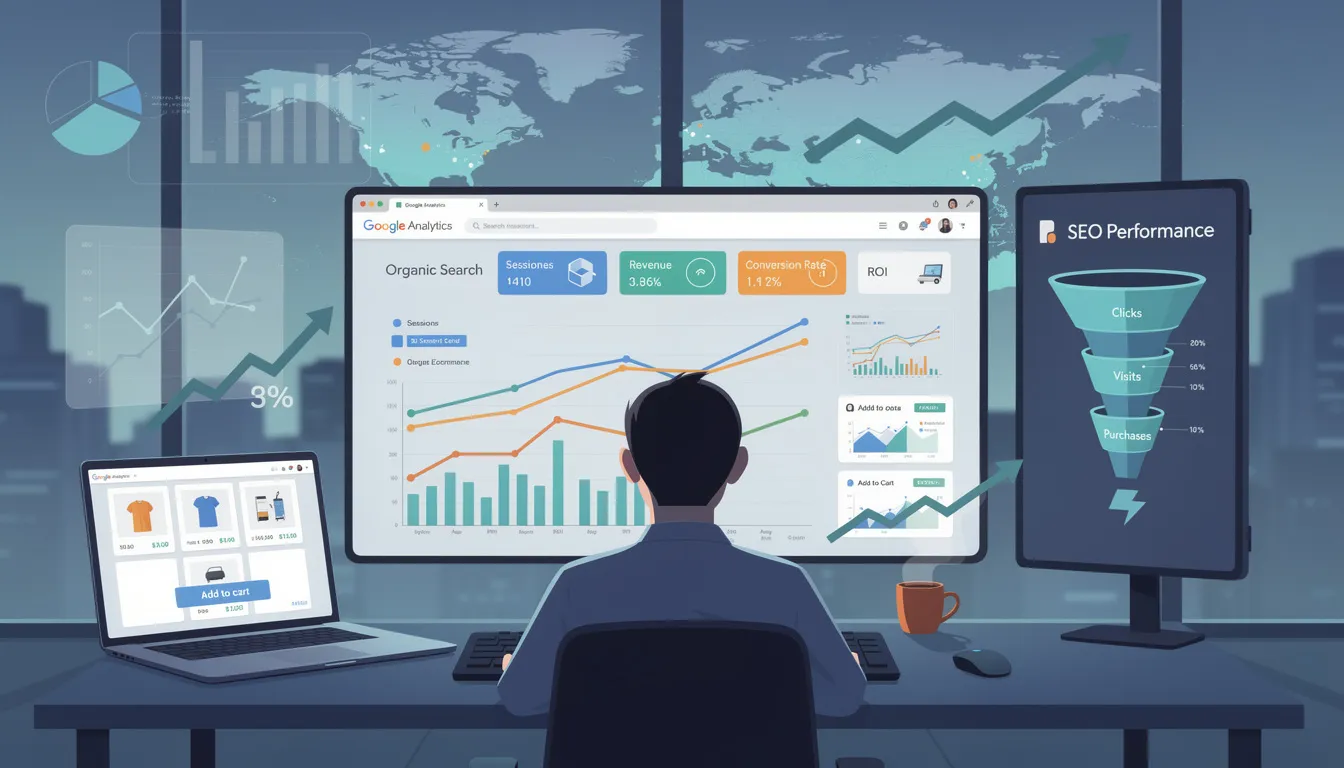 The image illustrates the process of tracking and measuring the ROI of ecommerce SEO using Google Analytics, highlighting key elements like organic traffic, search engine rankings, and relevant keywords for ecommerce sites. It emphasizes the importance of a solid ecommerce SEO strategy that includes keyword research and site structure optimization to improve visibility on search engines.