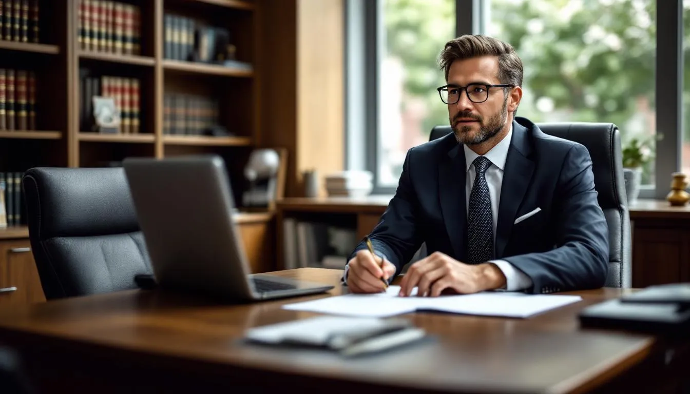An estate planning attorney is seen assisting clients in navigating the probate process in California, offering guidance on estate plans and asset protection to secure their financial futures. The attorney is engaged in a discussion with the clients, focusing on their family situation and how to effectively manage estate matters.