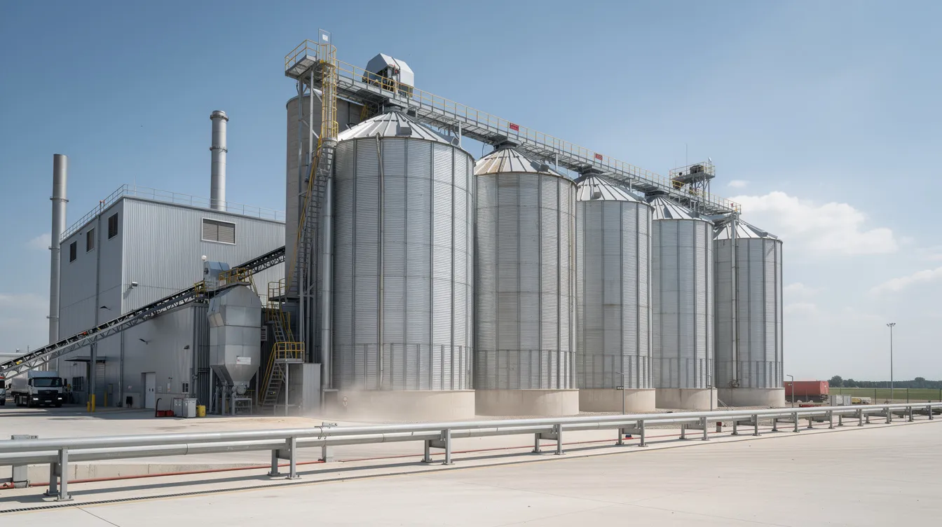 128f034d cf88 47d3 a817 bb48223fe9ae The image depicts industrial wheat grain storage silos at a flour milling facility, showcasing large, cylindrical structures designed for storing milling wheat. This setup is essential for the flour mill industry, facilitating the efficient manufacturing process of various wheat flour products, including enriched wheat flour and whole wheat flour.