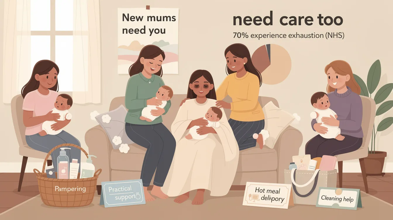 An image showcasing thoughtful gifts for new mums, including personalised photo gifts, bespoke jewellery, and relaxation essentials like a silk eye mask, all designed to celebrate the joy and challenges of motherhood. These gifts aim to pamper and support, making them perfect for special occasions like Mother's Day or a mum's birthday.