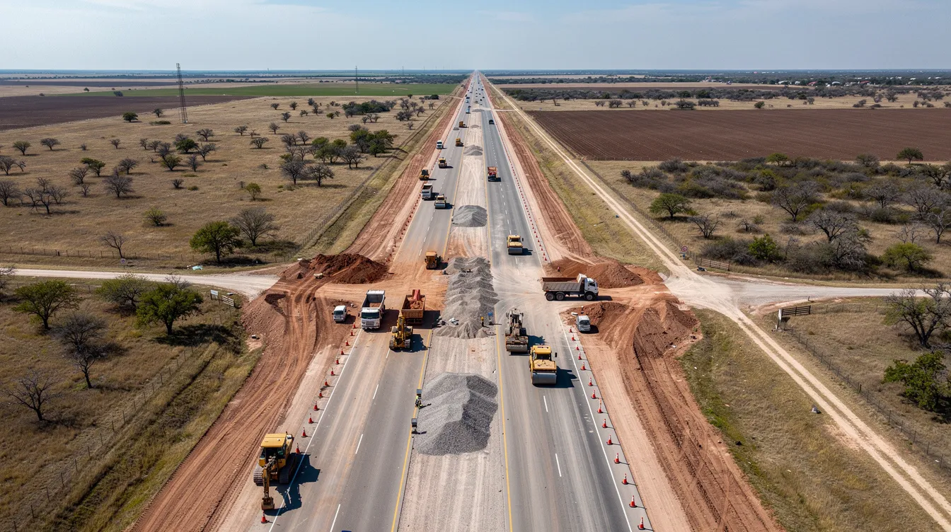 An aerial view of a highway construction zone in rural Texas showcases various pieces of heavy equipment, including excavators and bulldozers, strategically placed along the roadway. This scene highlights the importance of construction technology and asset management in ensuring operational efficiency and effective project planning within the construction industry.
