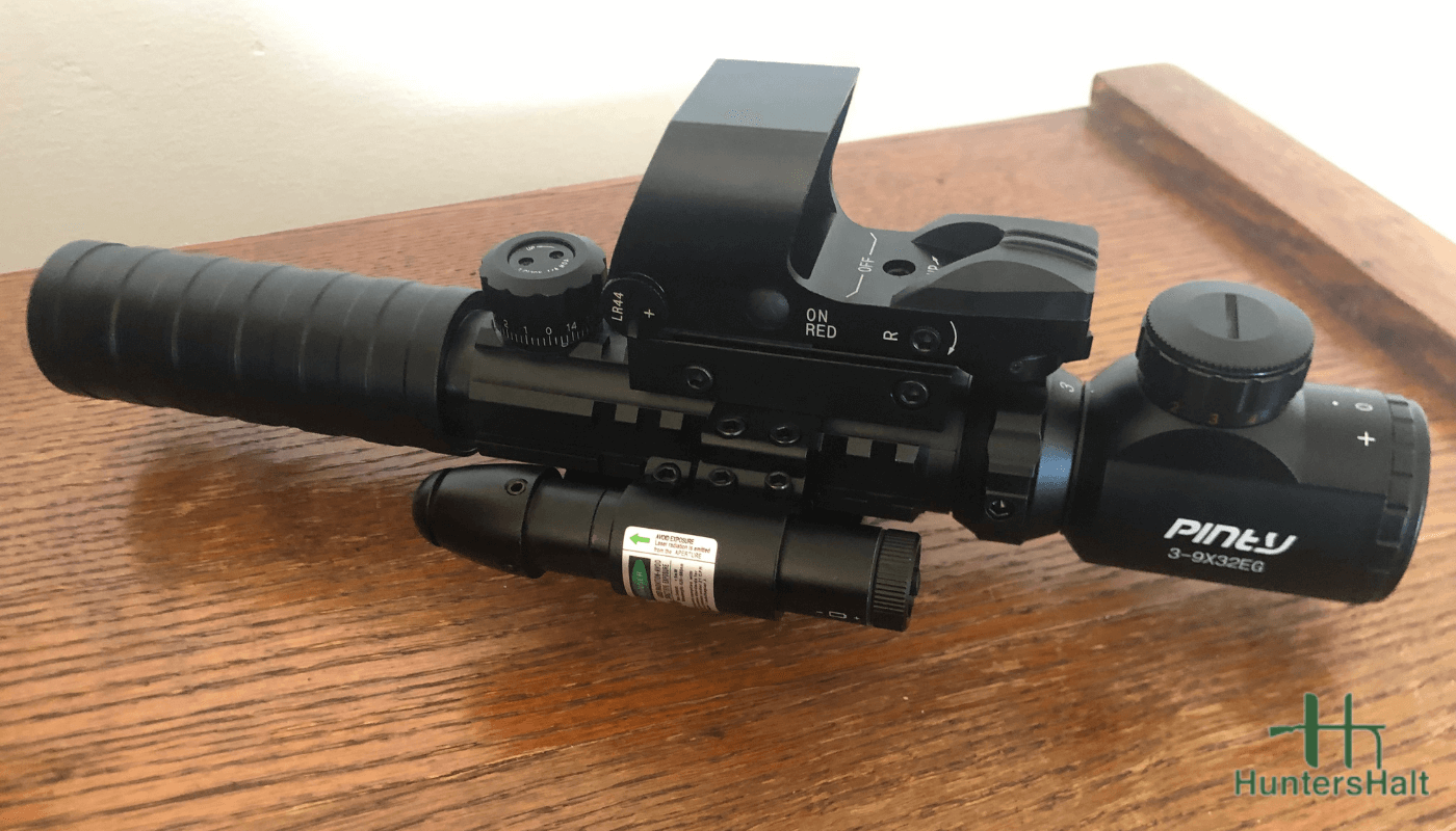 Picture of pinty rifle scope with laser and red dot attachment