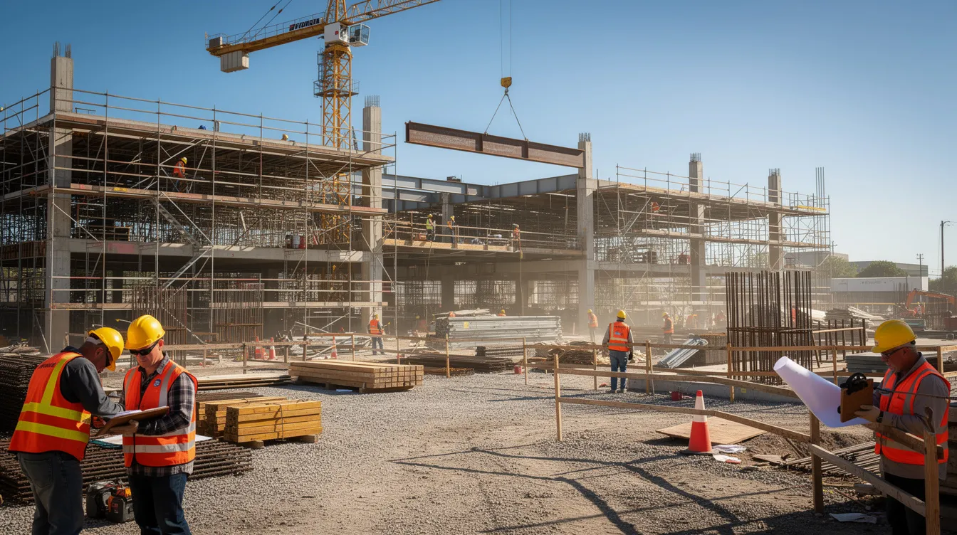 A group of construction workers, wearing hard hats and safety vests, are actively engaged in tasks on a large commercial building site, with cranes and scaffolding in the background. The scene highlights the collaboration and efficiency of construction teams utilizing modern construction technology to ensure the project's successful development.