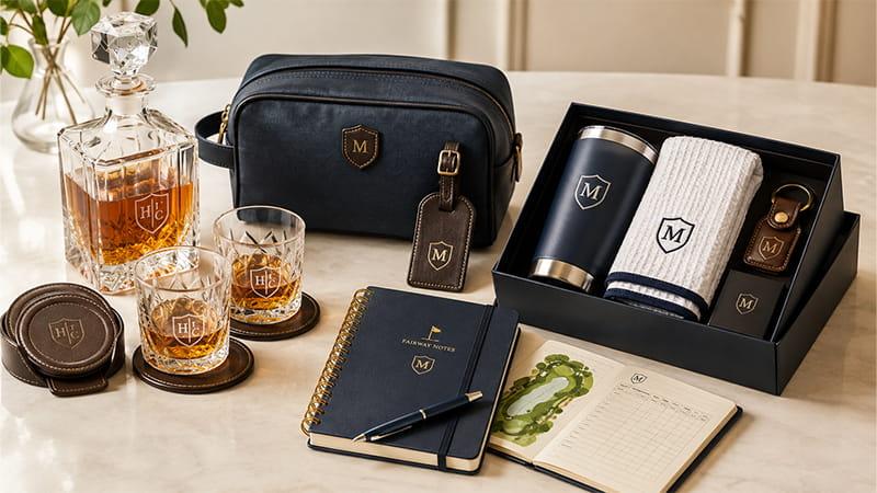 Premium golf lifestyle gifts with barware, a scorecard journal, travel accessories, tumbler, towel, luggage tag, and executive gift box