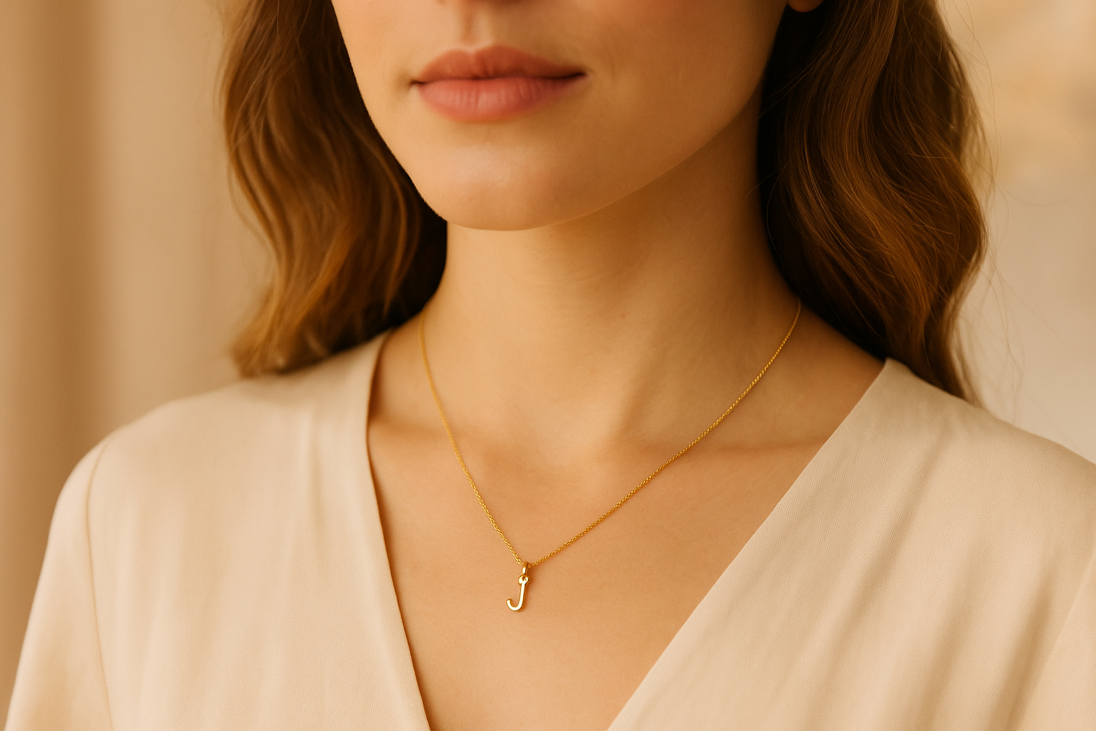 Moteris dėvi auksinę grandinėlę su raidelės pakabuku ant kaklo.