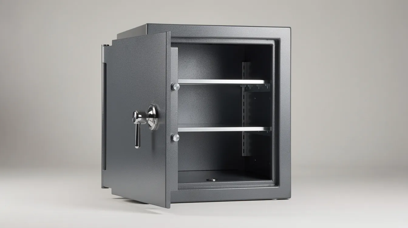 A sturdy home safe with shelving suitable for securely storing precious metals