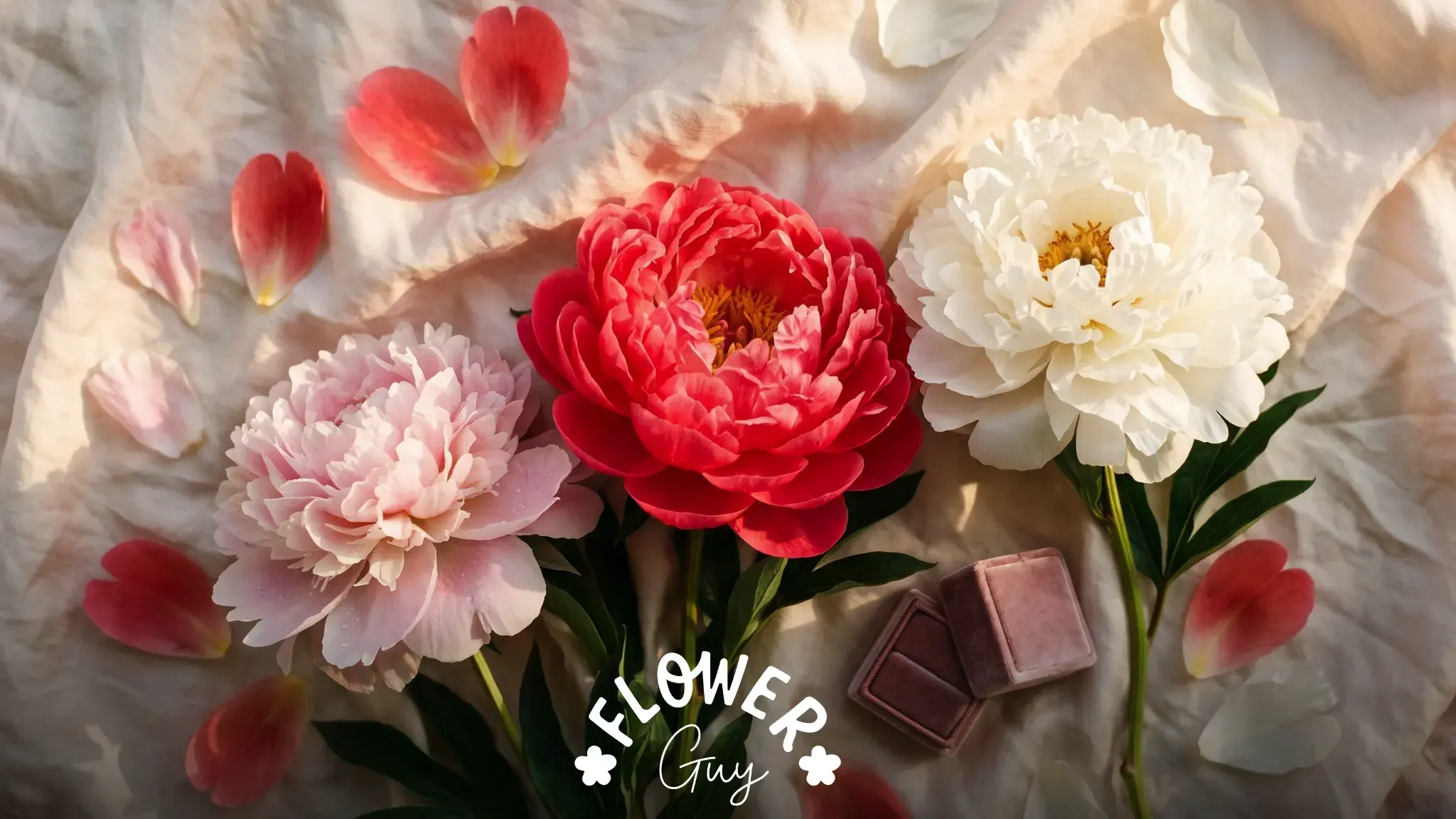 Three peonies in coral, blush and white on cream silk at dawn, with an open velvet jewellery box