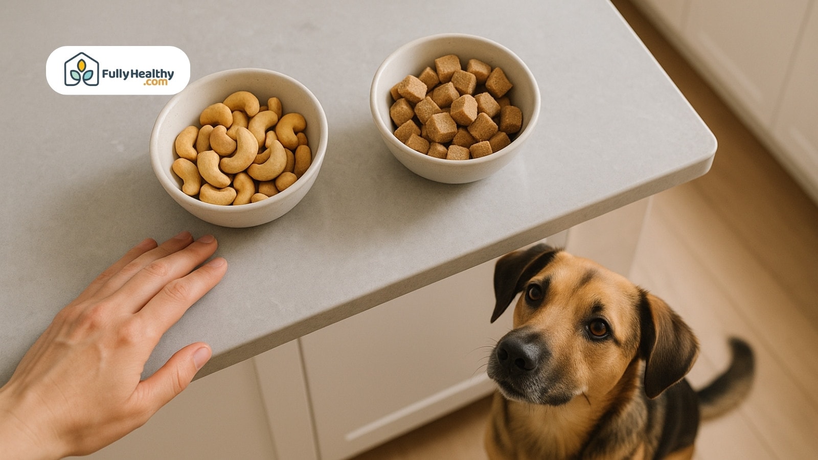 Dog looking up at counter with cashew nuts and treats in two bowls