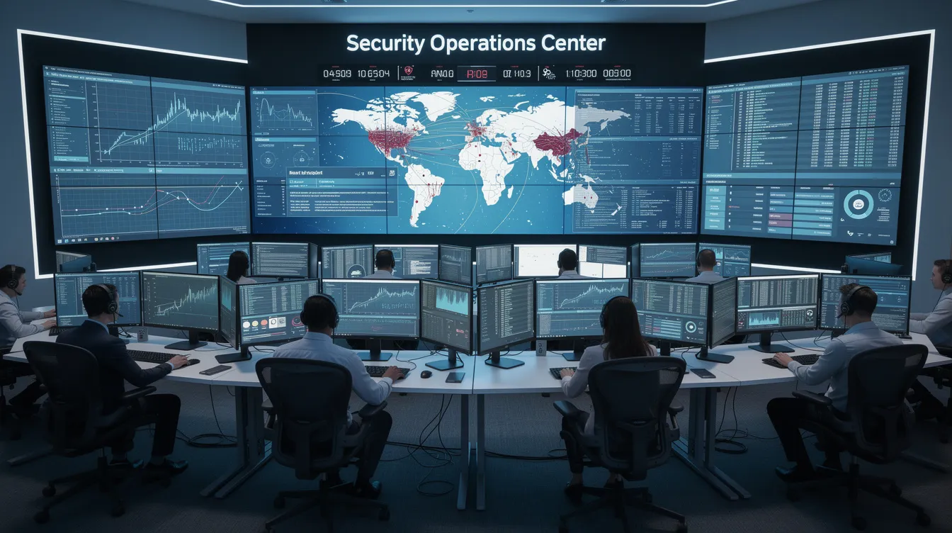 The image depicts a modern security operations center where analysts are intently monitoring multiple screens filled with network data, showcasing the organization's proactive approach to identifying vulnerabilities and managing cyber threats. This environment emphasizes the importance of continuous monitoring and a robust cyber resilience strategy to protect sensitive data and maintain a strong security posture against evolving threats.