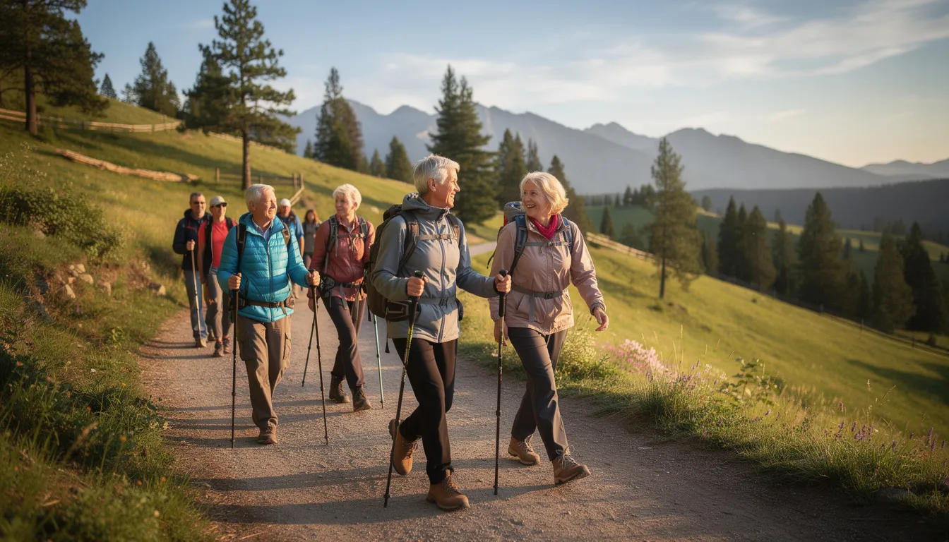 The image depicts active older adults hiking along a scenic trail bathed in natural sunlight, showcasing their commitment to maintaining cellular health and overall wellness through physical activity. Their engagement in outdoor exercise highlights the importance of energy production and mitochondrial health as they enjoy the beauty of nature.