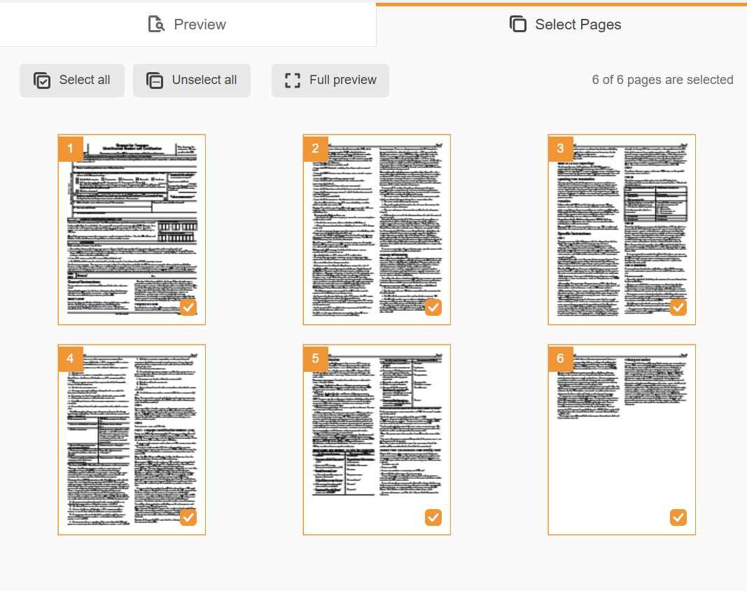 pdfFiller Select Pages screen showing all the document page thumbnails selected for export.