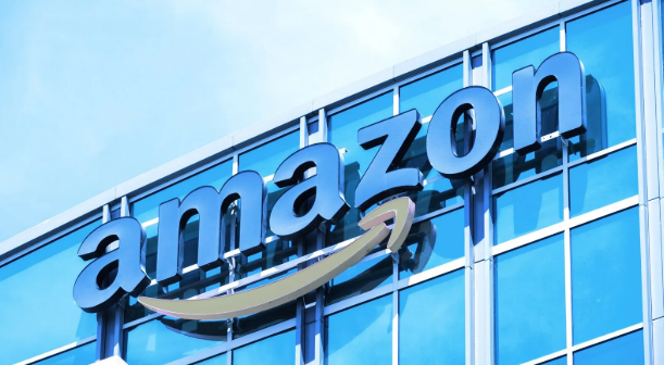 An Amazon image on a glass building front. 