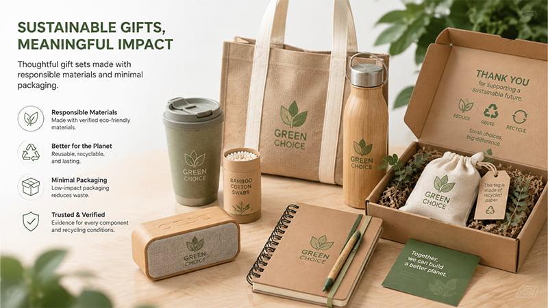 Sustainable gift sets with reusable products and eco friendly packaging for corporate events and responsible purchasing programs
