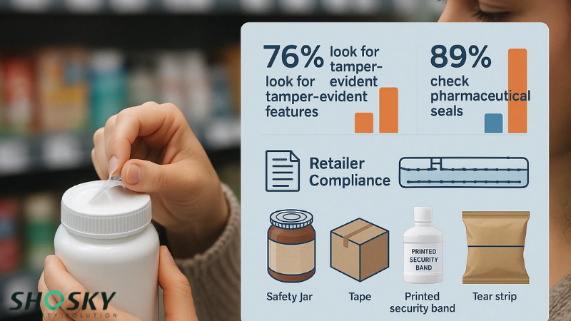 Person holding tamper-evident bottle; infographic highlights product safety statistics