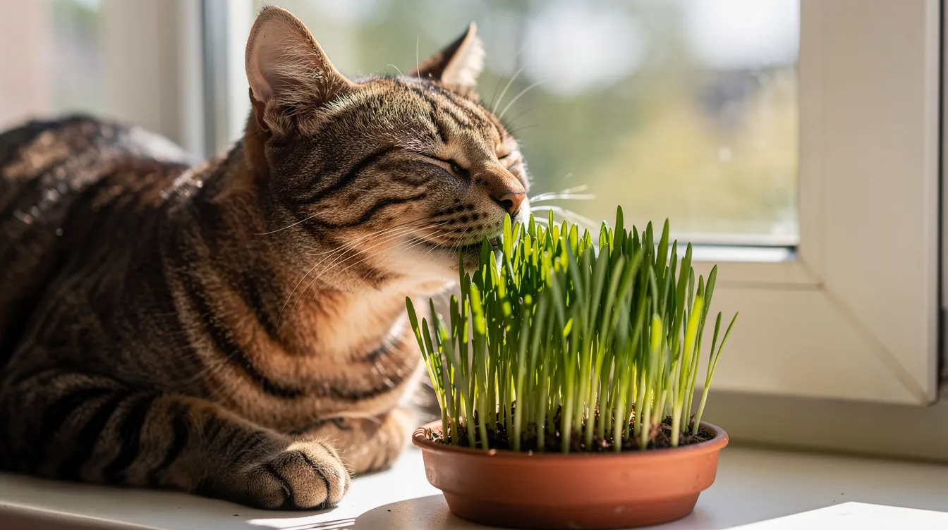 A playful tabby cat is gently nibbling on fresh cat grass from a small terracotta pot, sitting on a sunny windowsill. This healthy snack provides essential nutrients and aids in digestion for indoor pets, making it a delightful treat for feline friends.