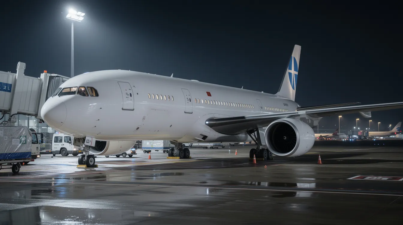 A wide-body commercial aircraft is parked at a gate during nighttime, with airport lights reflecting off its fuselage, showcasing the bustling environment where airline pilots prepare for their next flight assignments. The scene highlights the importance of flight time and the operational readiness required for commercial pilots in the aviation industry.
