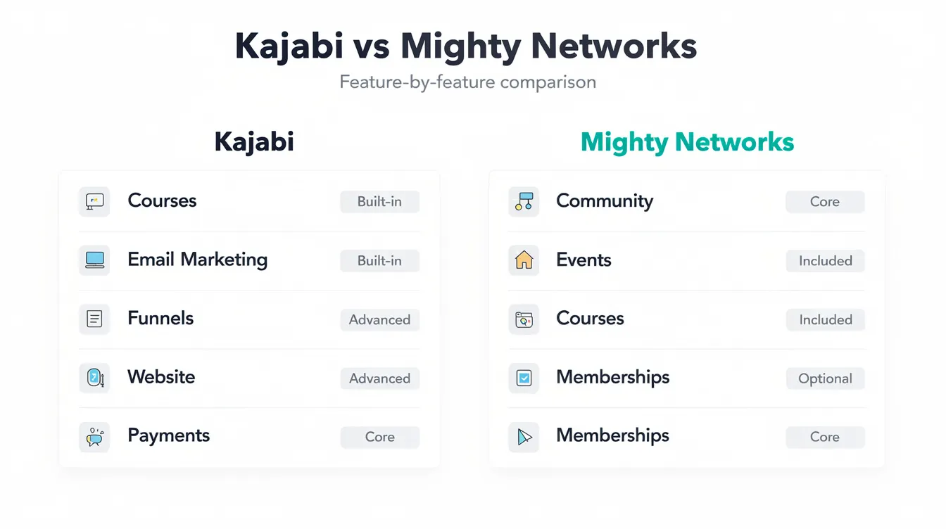 The image compares Kajabi and Mighty Networks feature by feature, highlighting their capabilities in community building, online courses, and marketing tools. It visually represents the strengths of each platform, emphasizing community engagement and course creation for course creators looking to establish a thriving online community.
