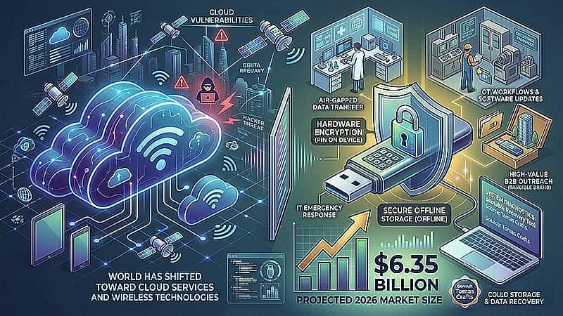 Infographic showing why USB flash drives remain relevant in 2026, highlighting secure offline storage, hardware encryption, air-gapped transfer, and emergency data recovery.